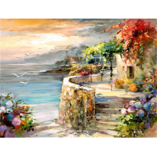 АЛМАЗНАЯ МОЗАИКА 40*50 СМ "КАМЕННЫЙ ДОМ И ВИД НА МОРЕ 30ЦВ"