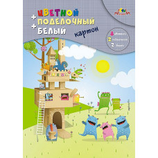 КАРТОН ЦВЕТНОЙ А4 8 ЦВЕТОВ 2 ЛИСТА БЕЛЫЙ 2 ЛИСТА ПОДЕЛОЧНЫЙ "АППЛИКА" МЕЛОВАННЫЙ