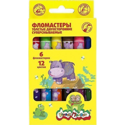 ФЛОМАСТЕРЫ КАЛЯКА-МАЛЯКА "JAMBO ДВУХСТОРОННИЕ" 6ШТ 12ЦВ