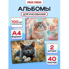 АЛЬБОМ ДЛЯ РИСОВАНИЯ НА ГРЕБНЕ 40 ЛИСТОВ "КОТЫ И ЦВЕТЫ" 